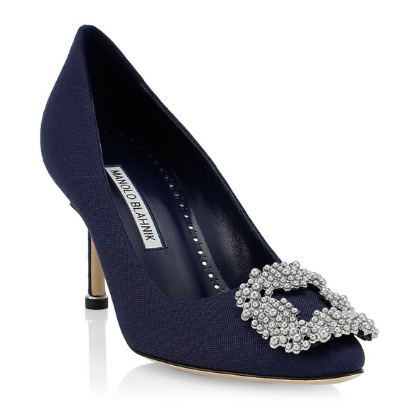Manolo Blahnik Hangisi 70 Navy Blue Linen Pearl Jewel Buckle Low Heel Pump 39 - Picture 1 of 12
